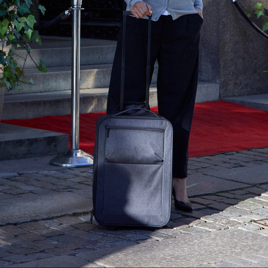 Woman with a suitcase standing outside a building entrance