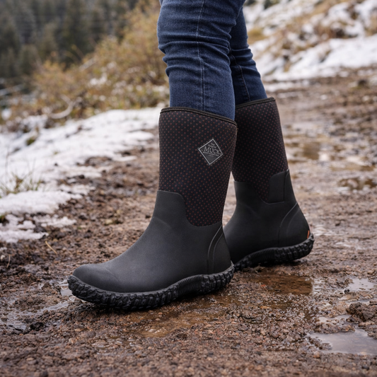 Person wearing black rubber boots on a snowy trail with mountains in the background