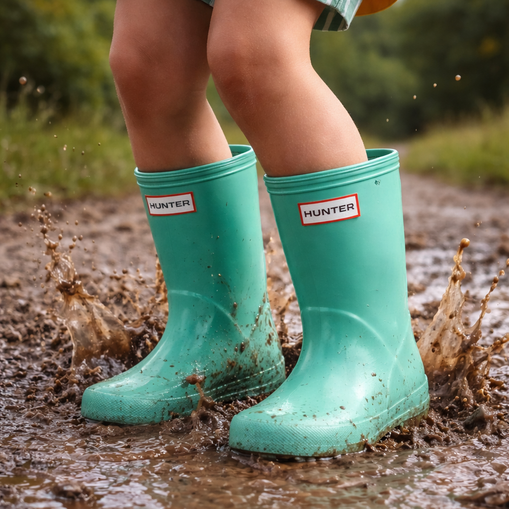 Child wearing green Hunter boots in a muddy puddle