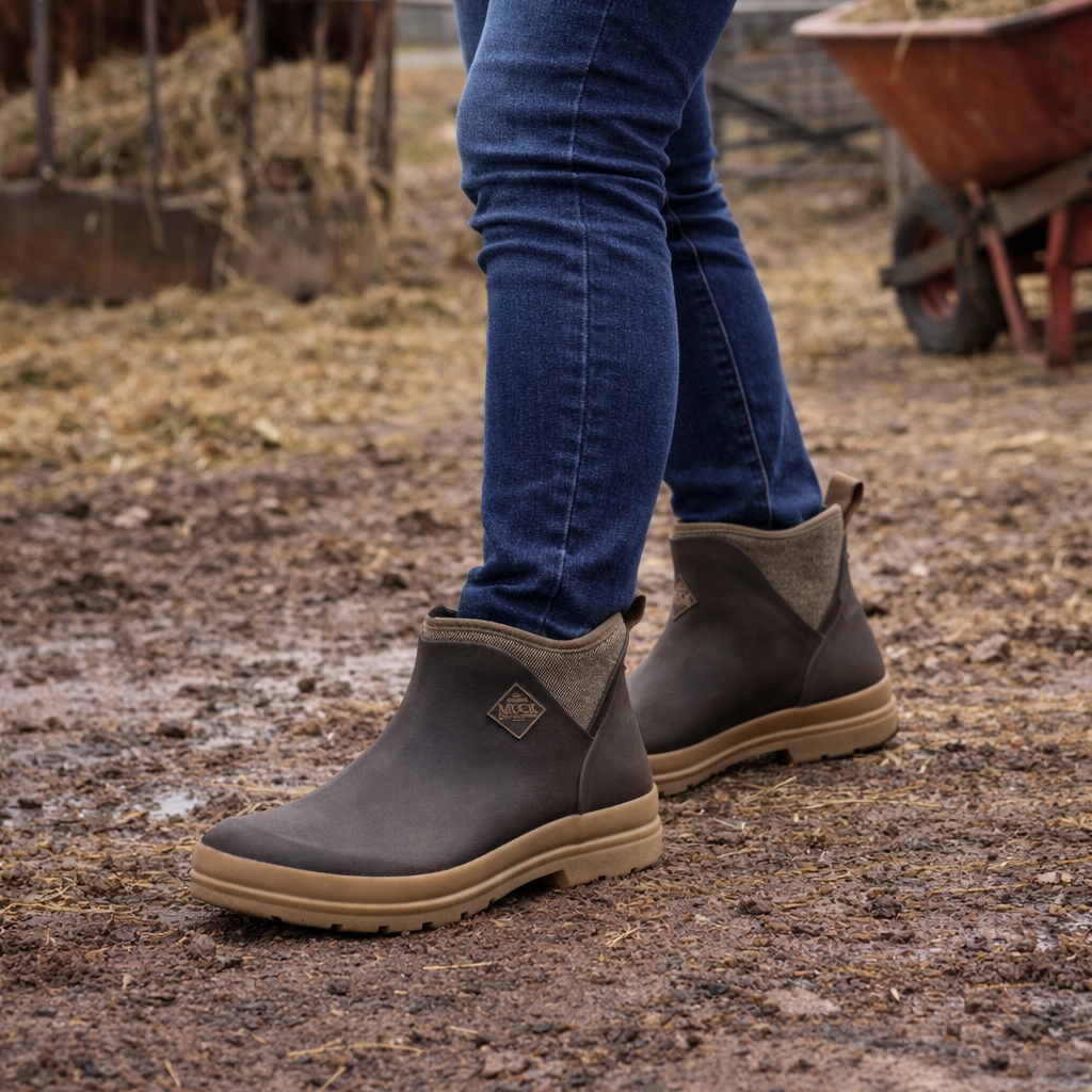 Person wearing brown boots with a rustic outdoor setting featuring cows and a barn.