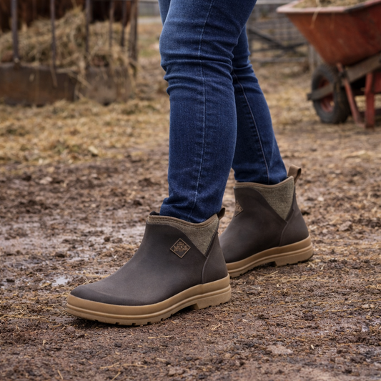 Person wearing brown boots with a rustic outdoor setting featuring cows and a barn.