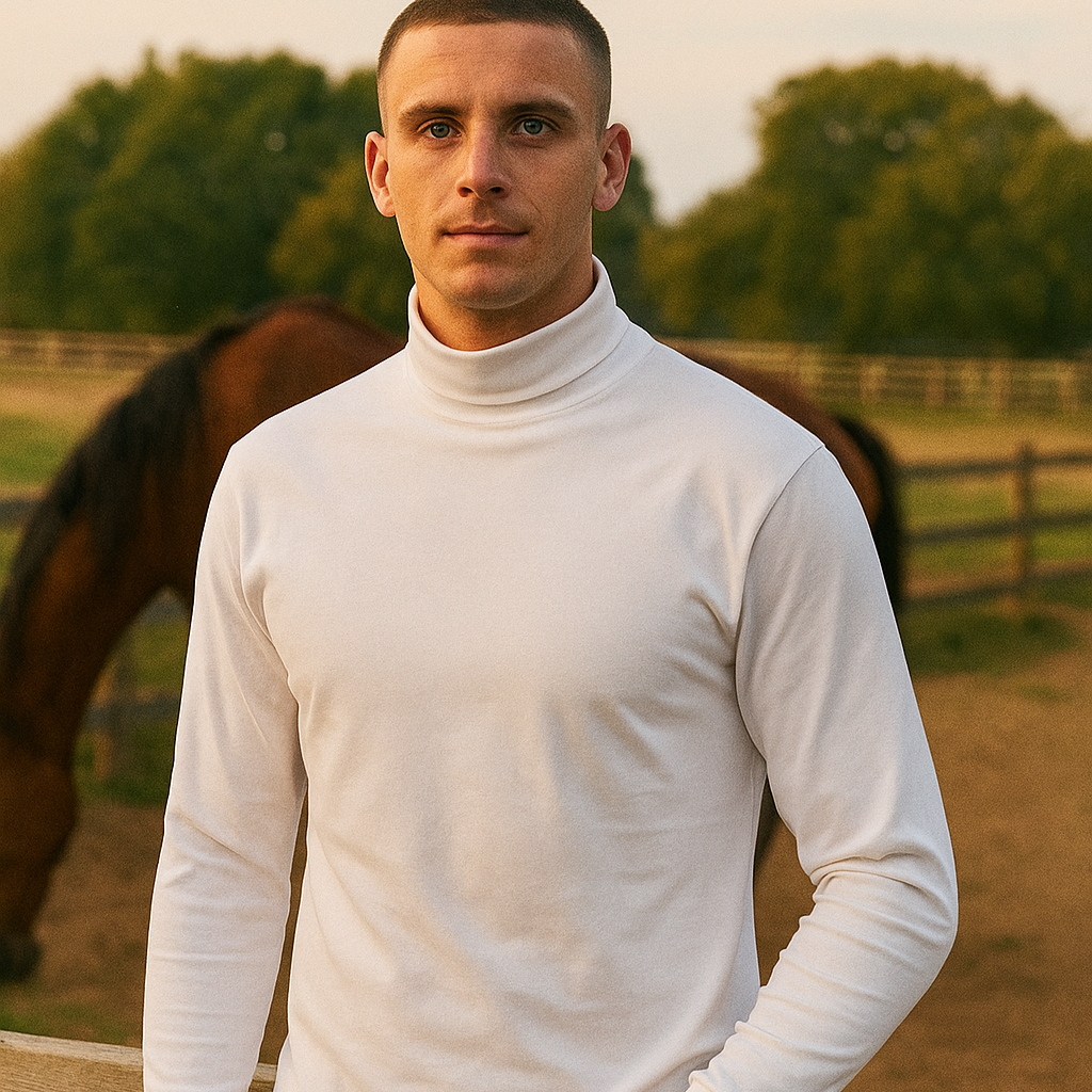 Man wearing a white turtleneck sweater standing in front of a horse in an outdoor setting.